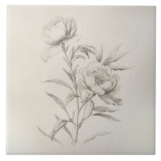 ヴィンテージ牡丹3植物装飾瓦 タイル (正面)