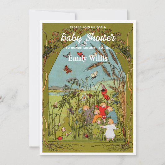 ヴィンテージ牧草地ベビージェンダーストーリーブックシャワー 招待状 (正面)