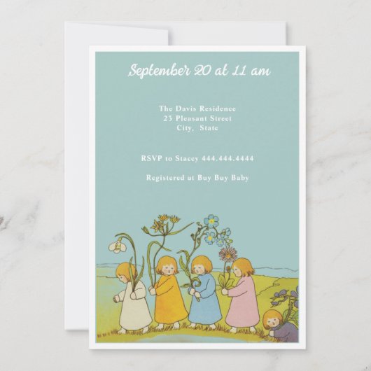 ヴィンテージ牧草地ベビージェンダーストーリーブックシャワー 招待状 (裏面)