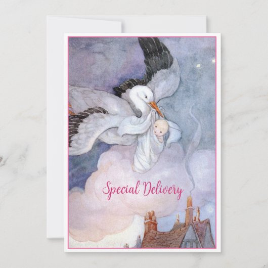 ヴィンテージ特別配送ストーク赤ちゃんシャワー 招待状 (正面)