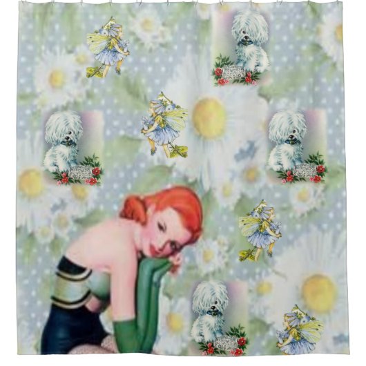 ヴィンテージ犬の女性の花ショールカーテン シャワーカーテン (正面)