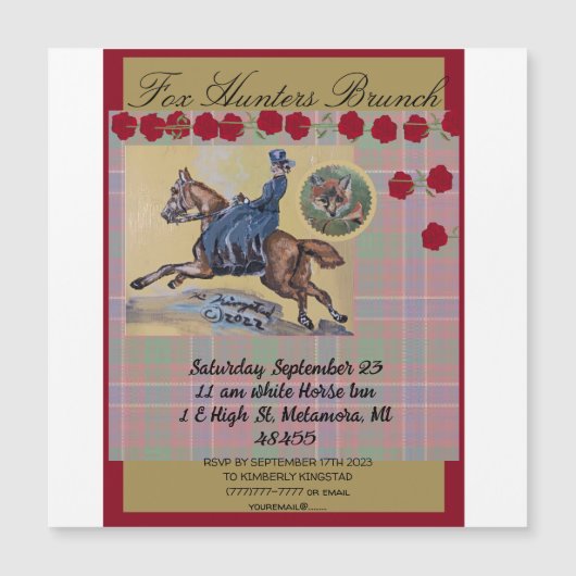 ヴィンテージ狩りの女性が馬の駆け足で マグネット招待状 (正面)