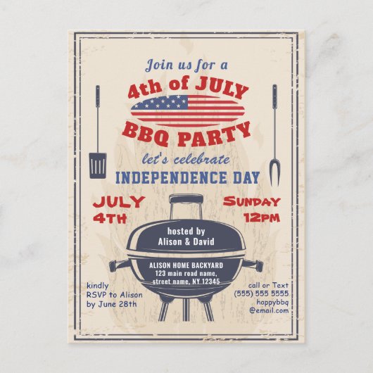 ヴィンテージ独立記念日7月4日BBQパーティー インビテーションポストカード (正面)