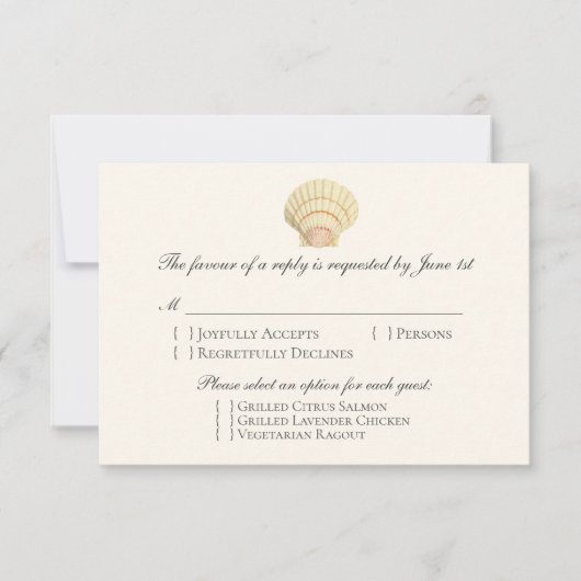 ヴィンテージ独身のホタテ貝ウェディングSVP 出欠カード (正面)