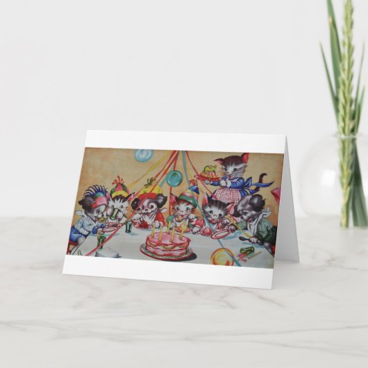 ヴィンテージ猫および犬のパーティーのバースデー・カード カード (正面)