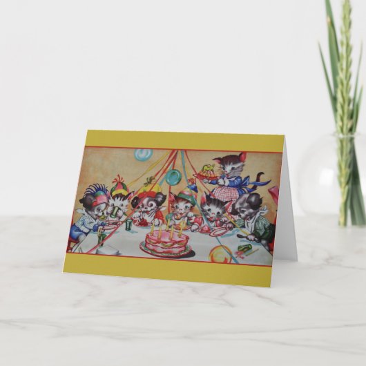 ヴィンテージ猫および犬の誕生会のバースデー・カード カード (正面)