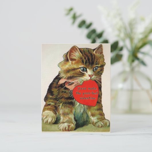ヴィンテージ猫がバレンタインのメッセージカードを持っている 招待状 (スタンド正面)