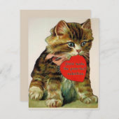 ヴィンテージ猫がバレンタインのメッセージカードを持っている 招待状 (正面/裏面)