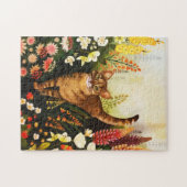 ヴィンテージ猫が咲き誇る庭の水色 ジグソーパズル (横)