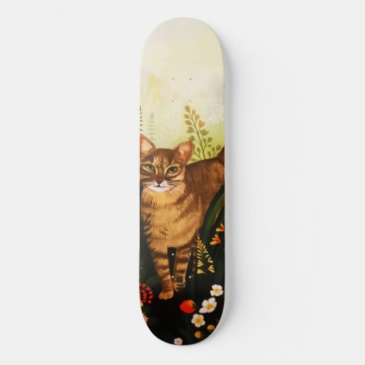 ヴィンテージ猫が咲き誇る庭の水色 スケートボード (正面)
