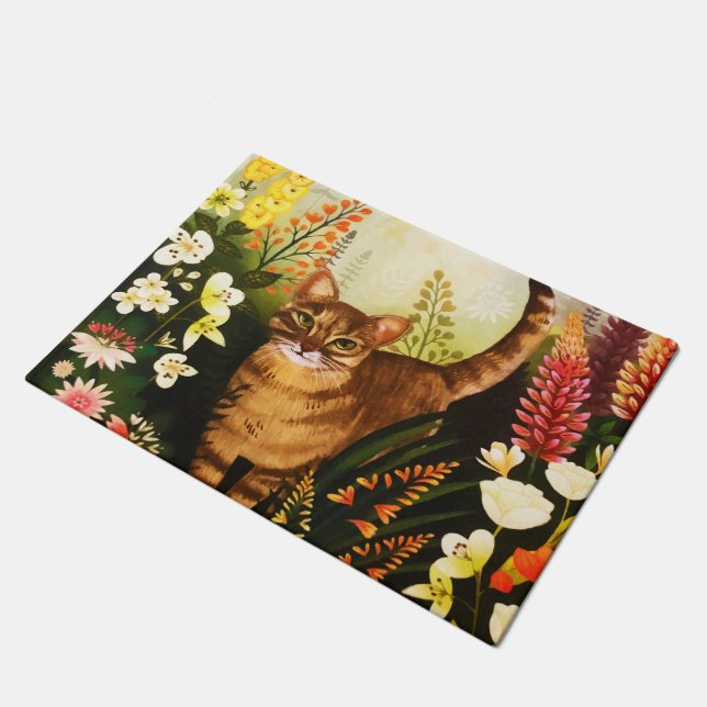 ヴィンテージ猫が咲き誇る庭の水色 ドアマット (アングル)