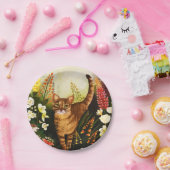 ヴィンテージ猫が咲き誇る庭の水色 ペーパープレート (パーティー)