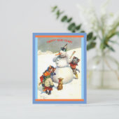 ヴィンテージ猫が素晴らしい雪だるまを築く ポストカード (スタンド正面)