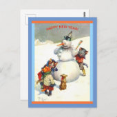 ヴィンテージ猫が素晴らしい雪だるまを築く ポストカード (正面/裏面)