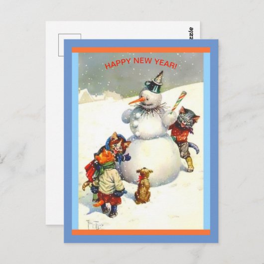 ヴィンテージ猫が素晴らしい雪だるまを築く ポストカード (正面/裏面)