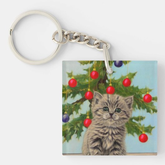 ヴィンテージ猫とクリスマスツリー キーホルダー (正面)