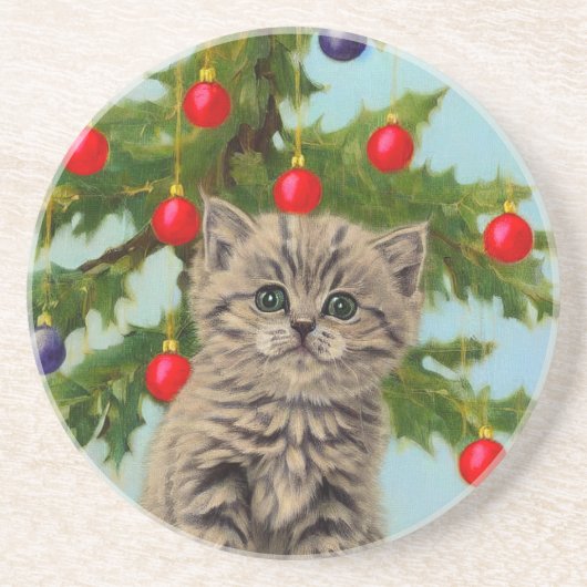 ヴィンテージ猫とクリスマスツリー コースター (正面)