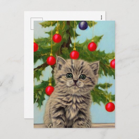 ヴィンテージ猫とクリスマスツリー シーズンポストカード (正面/裏面)