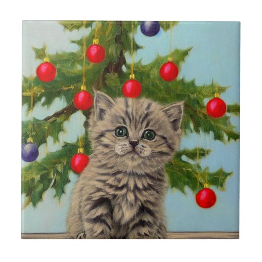 ヴィンテージ猫とクリスマスツリー タイル (正面)