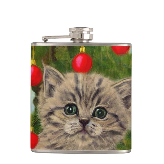 ヴィンテージ猫とクリスマスツリー フラスク (正面)