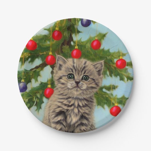 ヴィンテージ猫とクリスマスツリー ペーパープレート (正面)