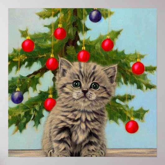 ヴィンテージ猫とクリスマスツリー ポスター (正面)
