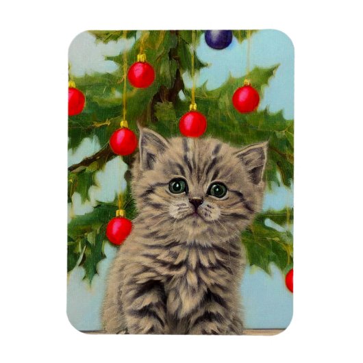 ヴィンテージ猫とクリスマスツリー マグネット (縦)
