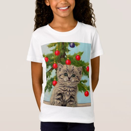 ヴィンテージ猫とクリスマスツリー Tシャツ (正面)