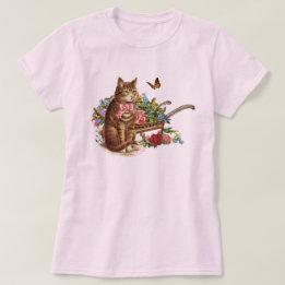 ヴィンテージ猫とバラピンク Tシャツ