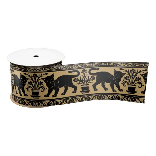 ヴィンテージ猫と花フリーズパターンサテン サテンリボン (リール)