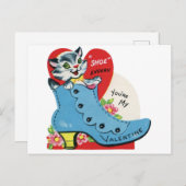 ヴィンテージ猫と青い靴のバレンタイン ポストカード (正面/裏面)