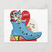 ヴィンテージ猫と青い靴のバレンタイン ポストカード (正面)