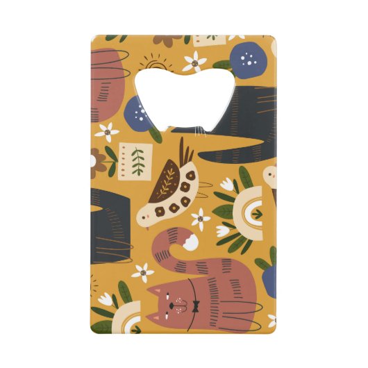 ヴィンテージ猫と鳥、手描き。 クレジットカード栓抜き (正面)