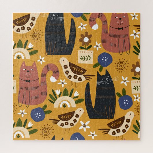 ヴィンテージ猫と鳥、手描き。 ジグソーパズル (縦)