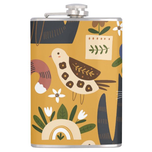 ヴィンテージ猫と鳥、手描き。 フラスク (正面)