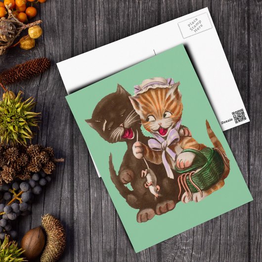 ヴィンテージ猫ねずみのギフトバスケット ポストカード