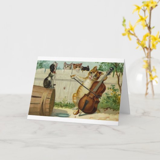 ヴィンテージ猫のチェロのコンチェルトのメッセージカード カード (黄色い花)