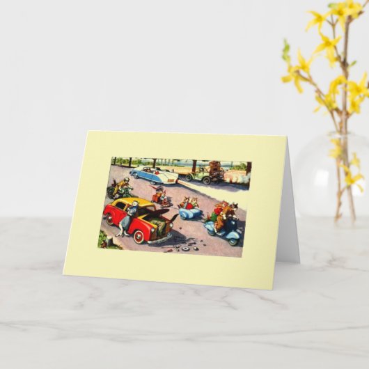 ヴィンテージ猫のパンクしたタイヤ修理メッセージカード カード (黄色い花)