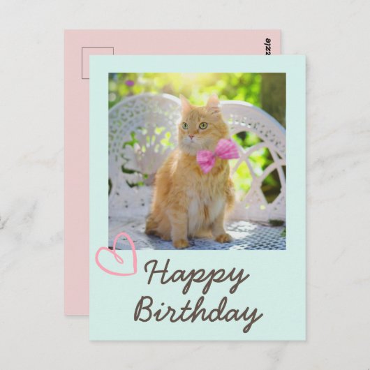 ヴィンテージ猫のリボンとハッピーバースデー ポストカード (正面/裏面)