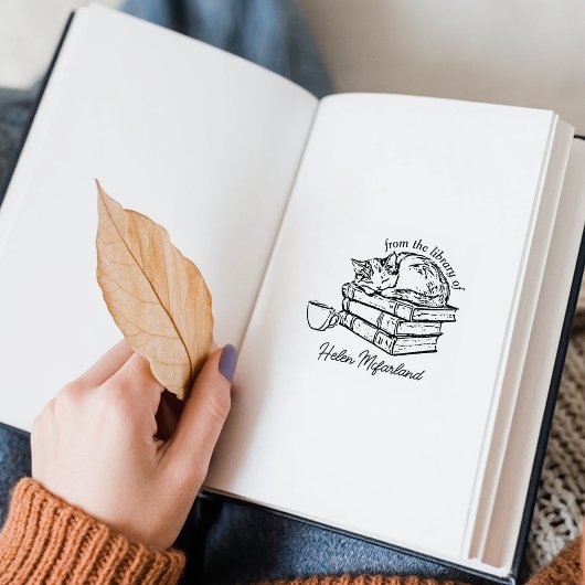 ヴィンテージ猫の本とコーヒー蔵書票 ラバースタンプ