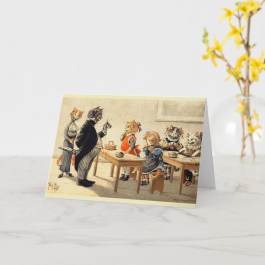 ヴィンテージ猫の編み物の学校のメッセージカード カード (黄色い花)