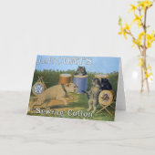 ヴィンテージ猫の裁縫の綿の広告のメッセージカード カード (黄色い花)