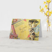 ヴィンテージ猫の誕生日の挨拶状 カード (黄色い花)