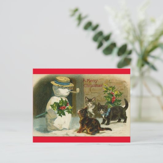 ヴィンテージ猫の雪の人のメリークリスマスの郵便はがき シーズンポストカード (スタンド正面)