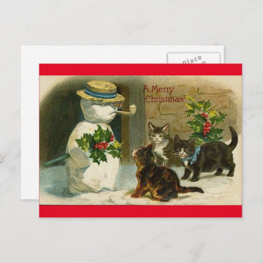 ヴィンテージ猫の雪の人のメリークリスマスの郵便はがき シーズンポストカード (正面/裏面)