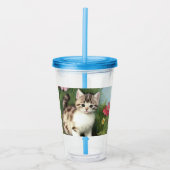 ヴィンテージ猫イラストレーションと赤い花 アクリルタンブラー (正面)