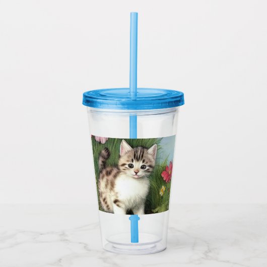ヴィンテージ猫イラストレーションと赤い花 アクリルタンブラー (正面)