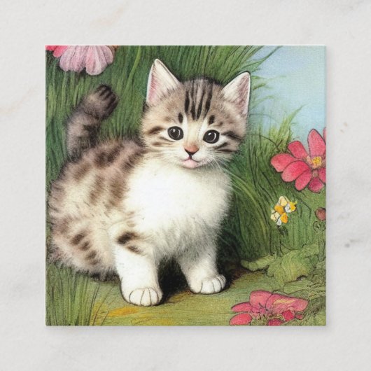 ヴィンテージ猫イラストレーションと赤い花 エンクロージャーカード (正面)