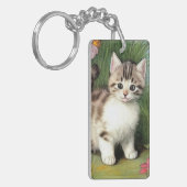 ヴィンテージ猫イラストレーションと赤い花 キーホルダー (正面左)