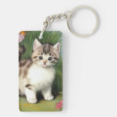 ヴィンテージ猫イラストレーションと赤い花 キーホルダー (裏面)